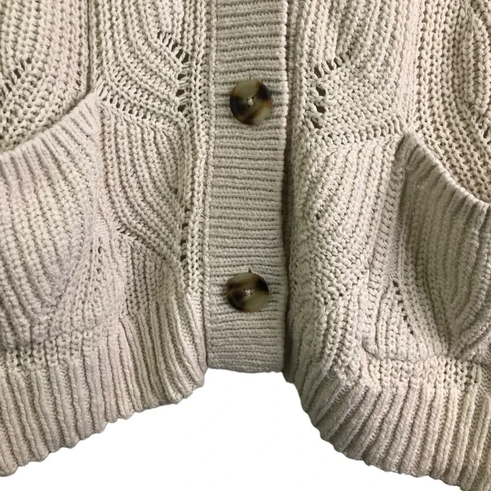 Madewell Cardigan Sweater Womens L Beige‎ Cable Knit Button Front Cotton Cozy